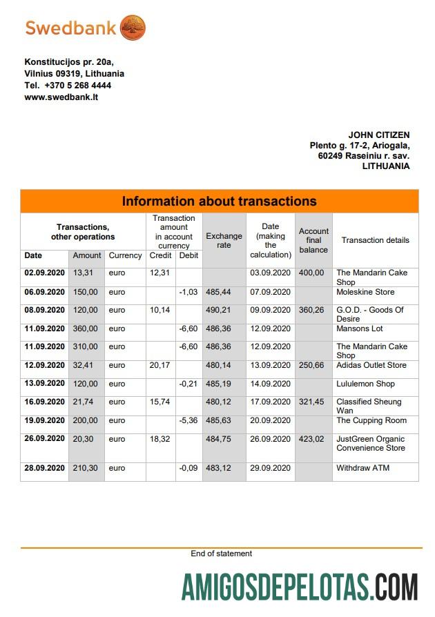 Exemplo de declaração do Swedbank da Lituânia